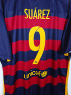 2015-16 Barcelona thuisshirt Suárez #9 - detailfoto